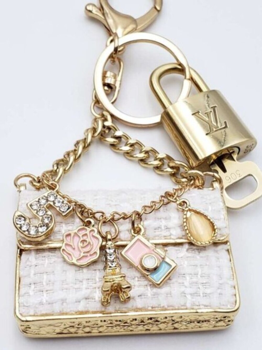 Authentic Louis Vuitton Padlock & Key Gold ✨Unbranded Tweed Bag Charm Keychain - Picture 6 of 8